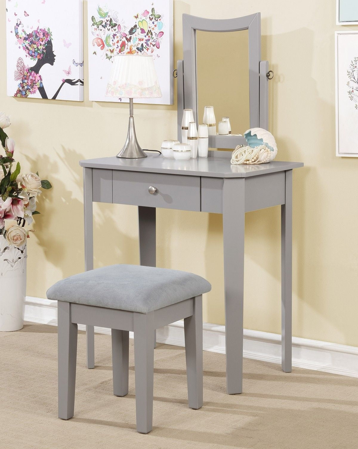 Cece 1-Drawer Grey Dressing Table Makeup Vanity Set with Stool and Mirror Q3Q3 - product image 4