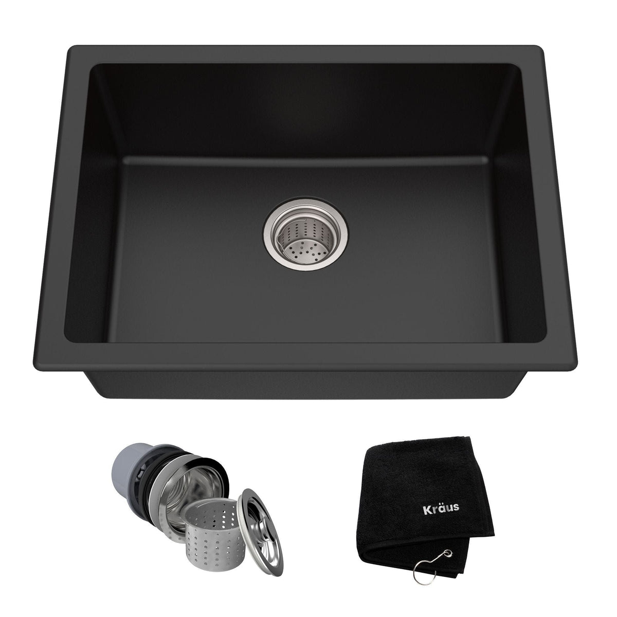 Quarza Top/Undermount Granite Single Bowl Kitchen Sink, Black Onyx, 24x18x9-in F1Y3 - product image 1