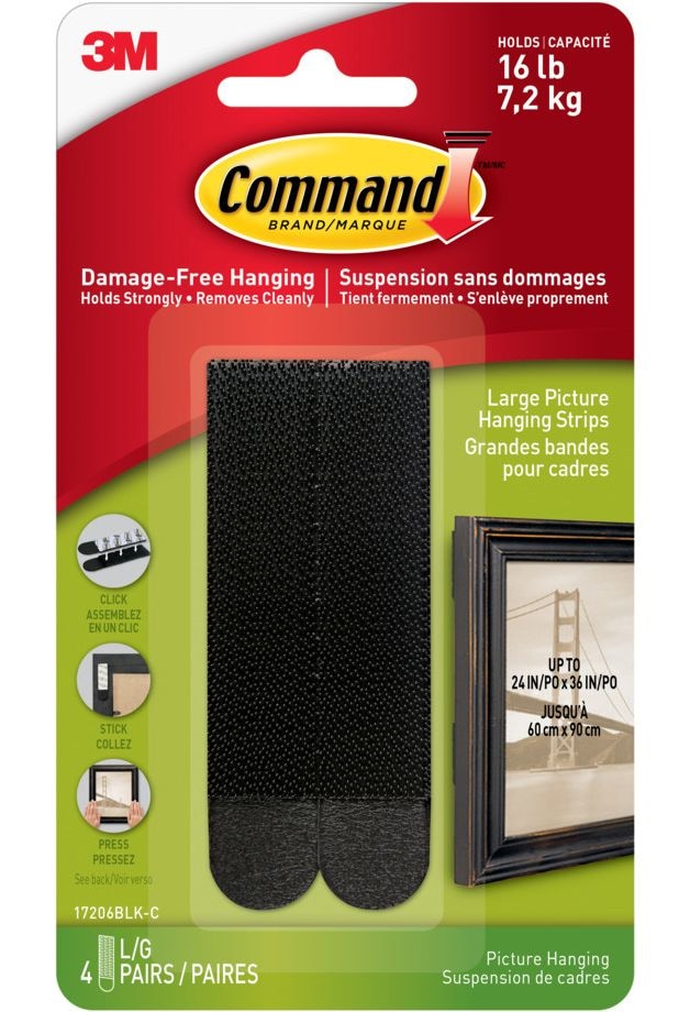 Large Adhesive Picture Hanging Strips, Black, 16-lbs, 4 Strips per Pack E2A1