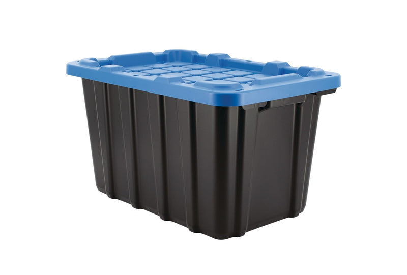 Heavy Duty Stackable Storage Box with Lid, 45-L, Black/Blue L6Z2