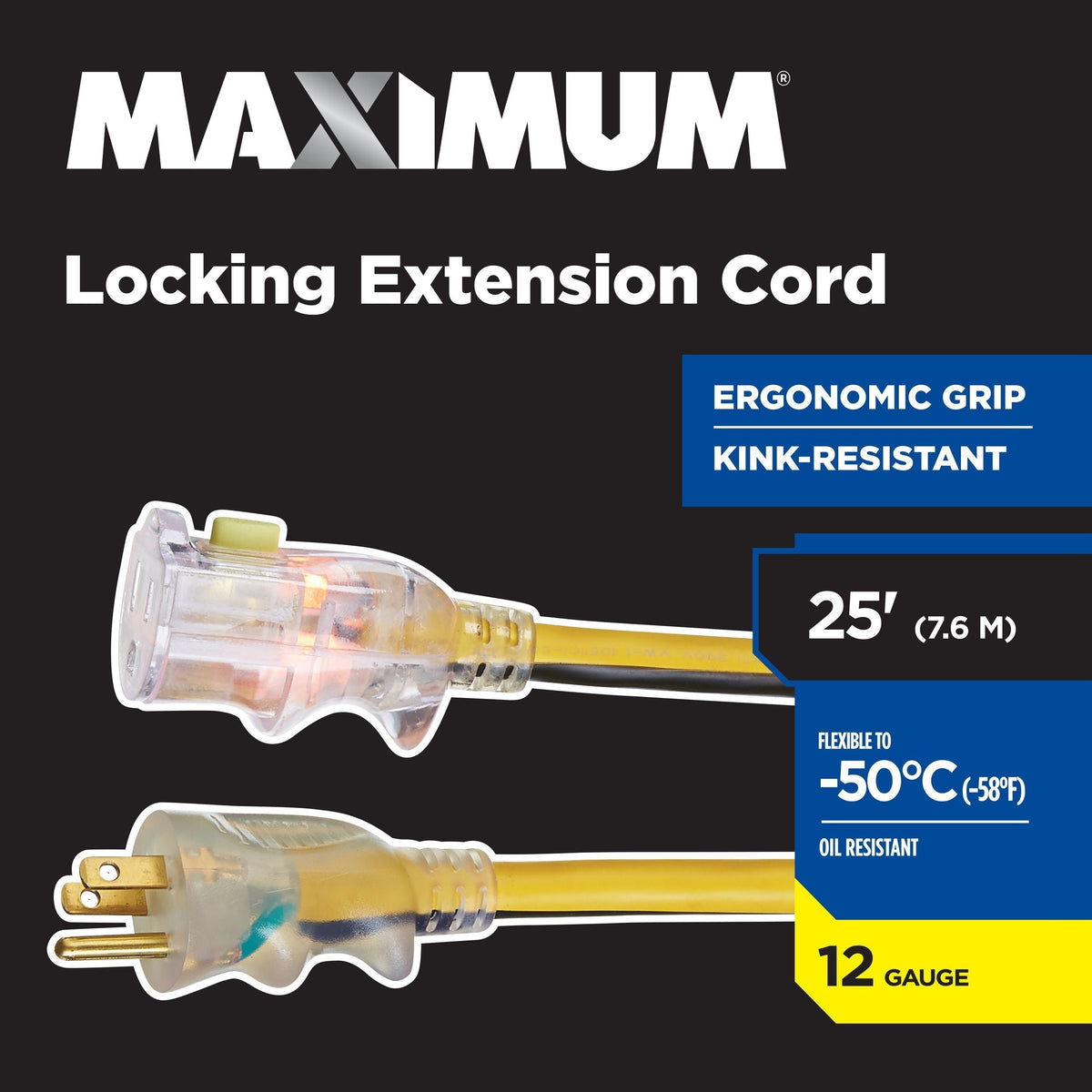 25-ft 12/3 Outdoor Extension Cord with Grounded Outlet, Lighted End and Locking Connector, Yellow/Black N0L3 - product image 5