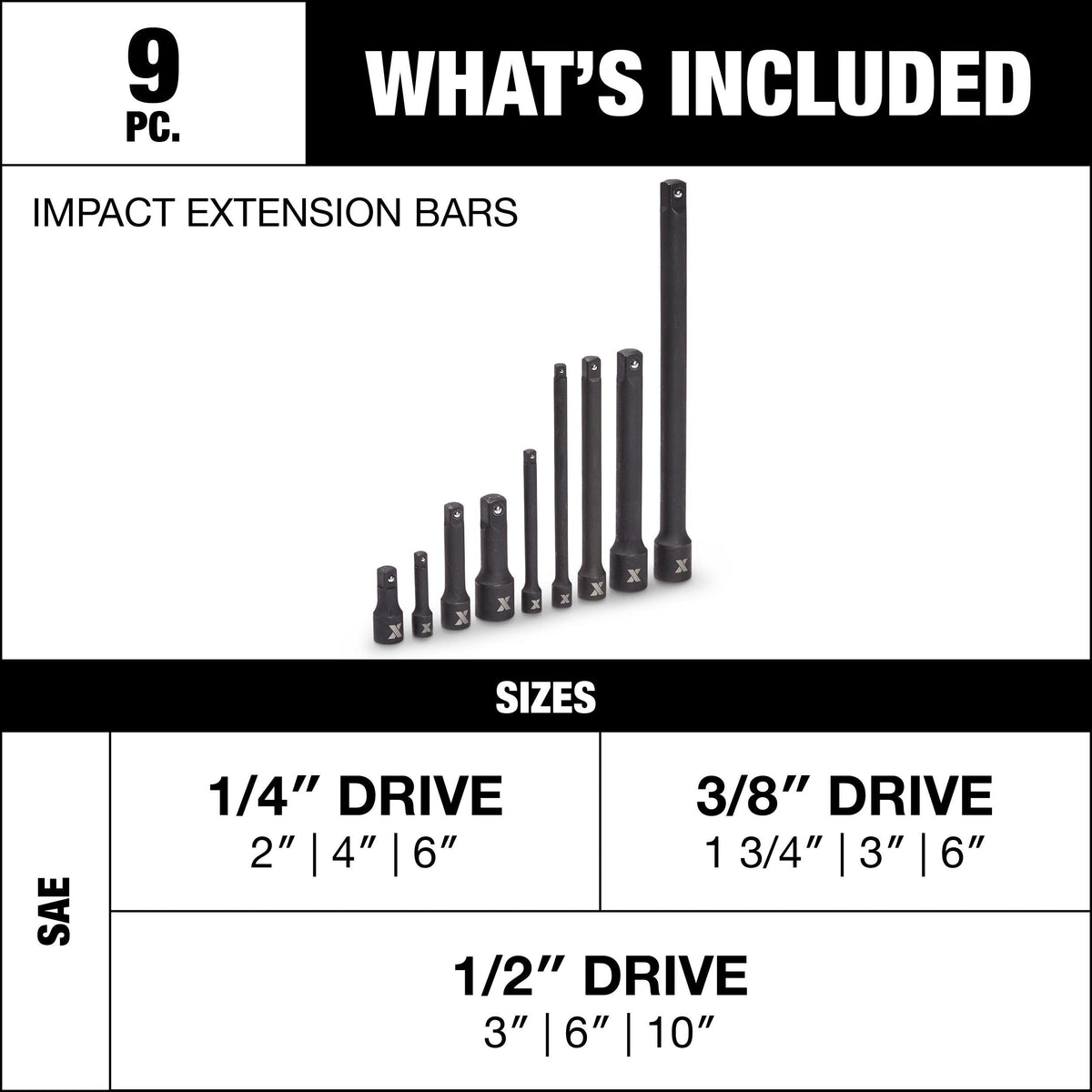 Impact Extension Bar Set, 9-pc, SAE/Metric, CRMO F0D8 - product image 3