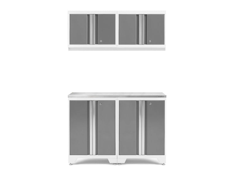 Bold 3.0 Series All-in-One Lockable Steel Garage Cabinetry Set with Stainless Steel Top, White/Platinum, 48-in x 18-in x 76.75-in, 5-pc T9M2