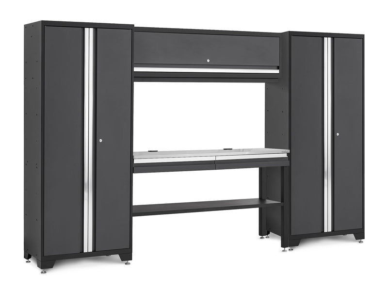 Bold 3.0 Series Lockable Steel Garage Cabinetry Set with Stainless Steel Top, Grey, 120-in x 18-in x 72-in, 5-pc A5K4