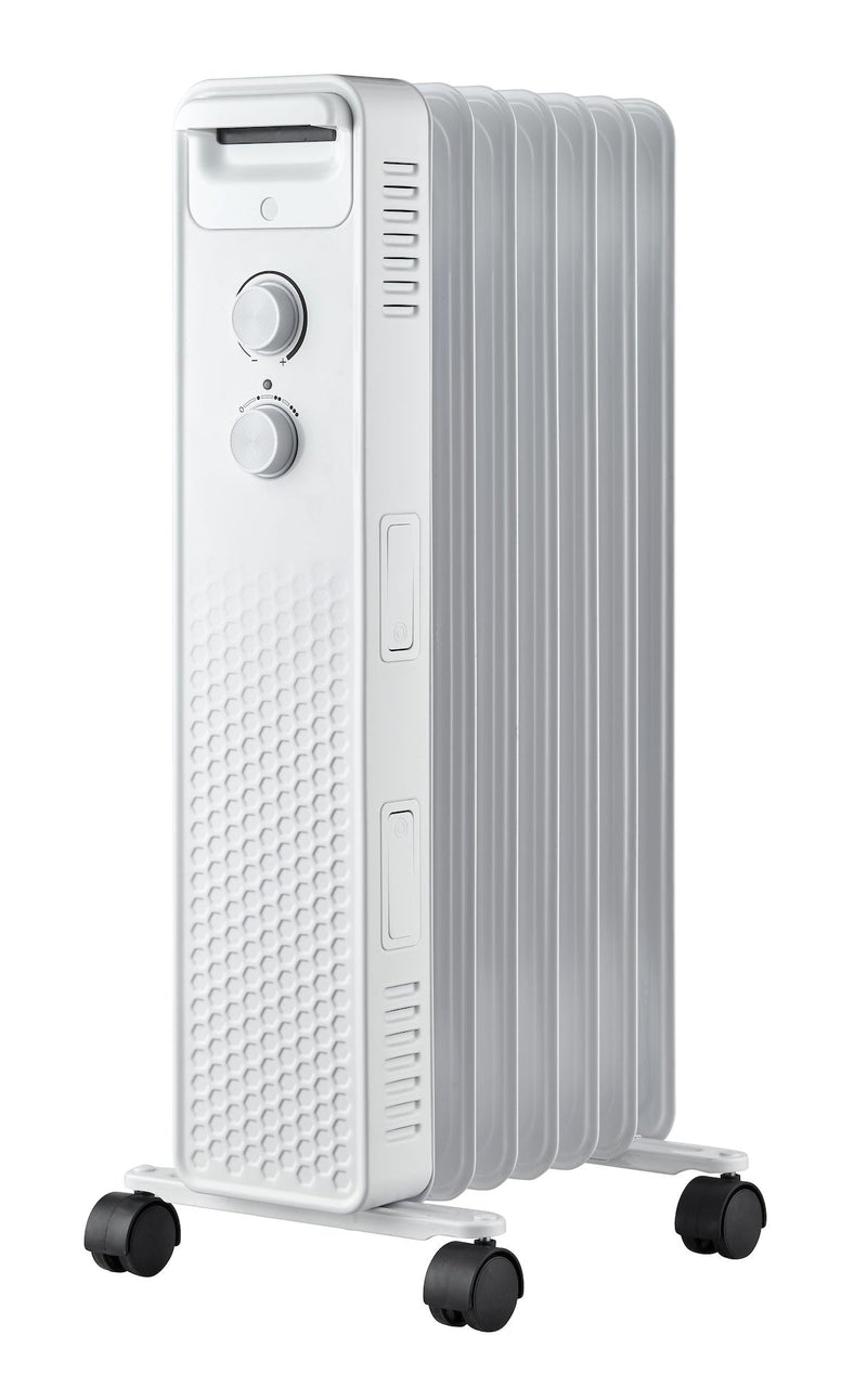 3-Setting Mechanical Oil Filled Heater with Adjustable Thermostat, Castors & Handle, 1500W, White O6C0