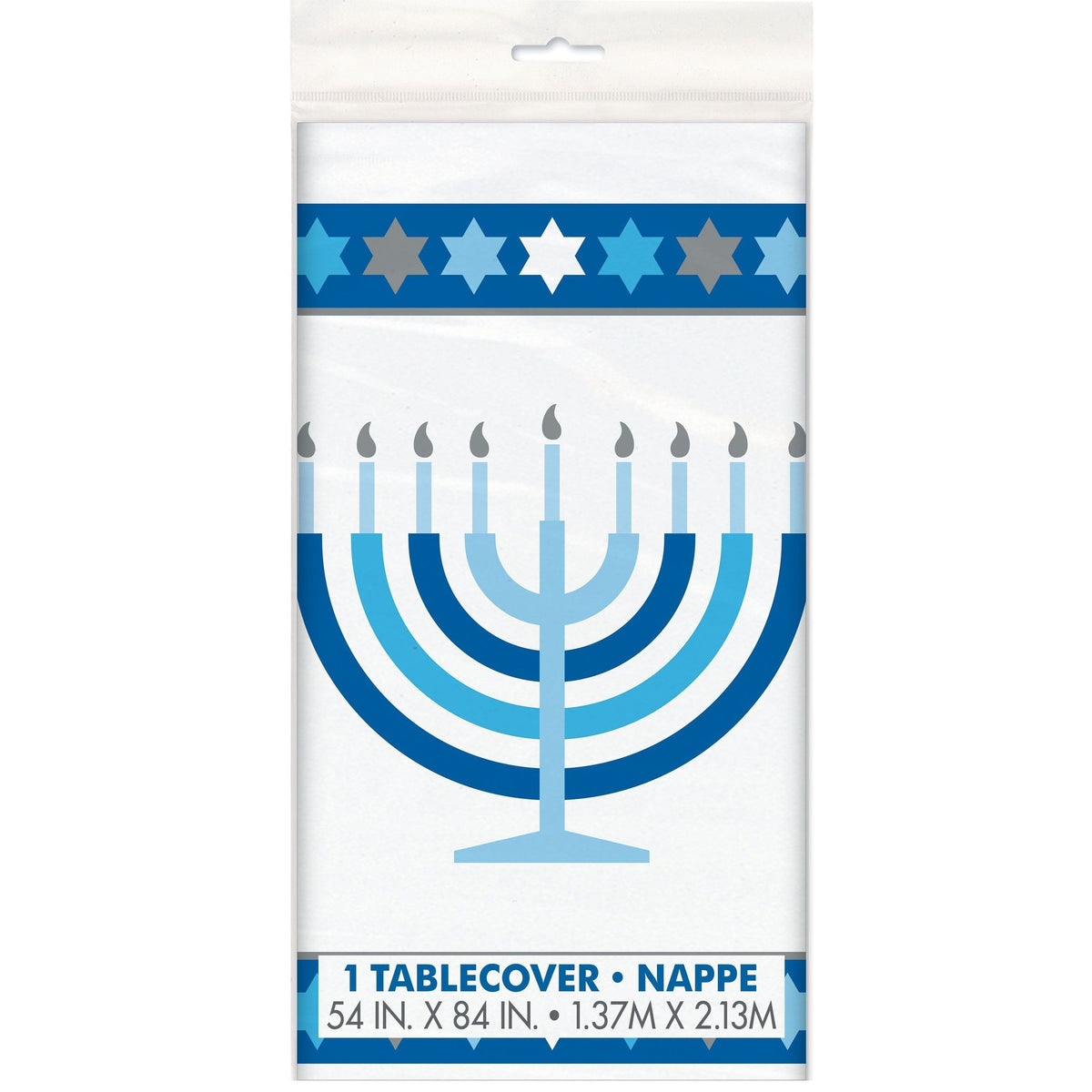 Rectangle Plastic Reusable Table Cover, White/Blue, 54x108-in, for Hanukkah Y6F7 - product image 1