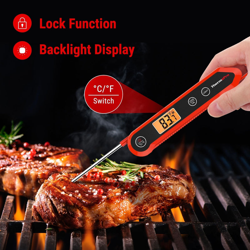 Waterproof Digital Instant-Read Folding Meat Thermometer with Swivel Probe, Black/Red Y6O9