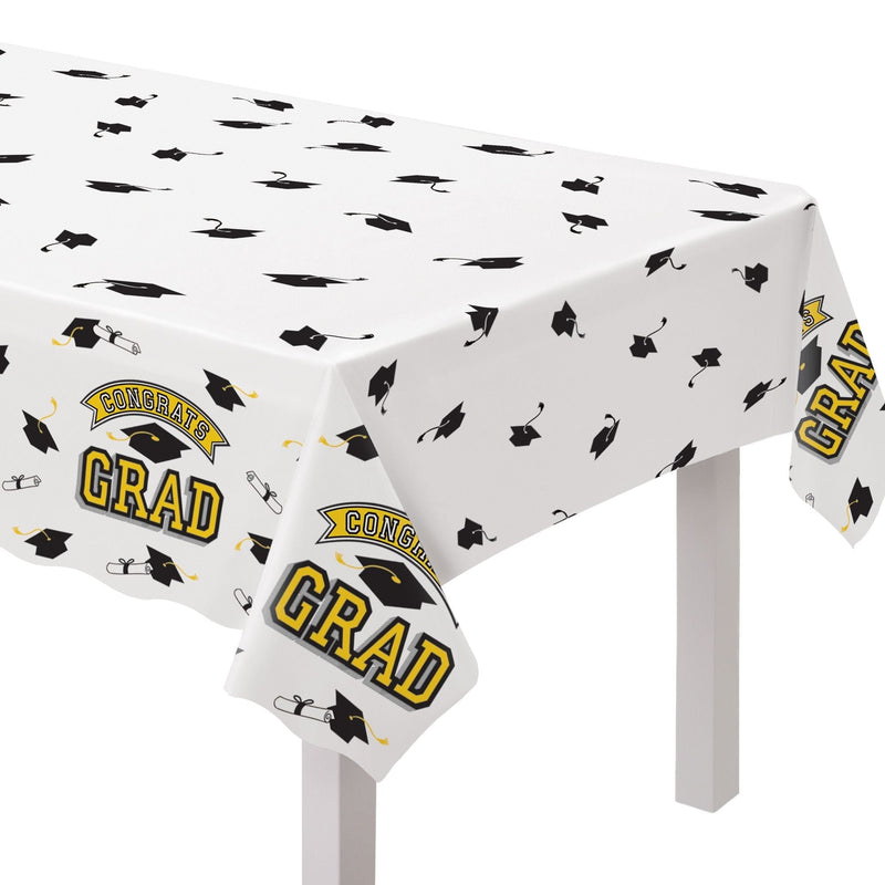 "Congrats Grad" Rectangle Plastic Reusable Table Cover, Yellow, 54x84-in, for Graduation E4D1