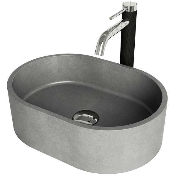 Giralda Gothic ConcretoStone Grey Bathroom Sink/Basin Set with Lexington Faucet and Oval Composite Vessel S6E4