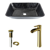Glass Grey Onyx Bathroom Sink/Basin Set with Matte Gold Niko Faucet and Rectangular Vessel N9L3 - product image 2