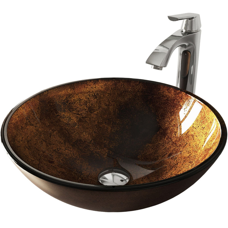 Glass Russet Brown Bathroom Sink/Basin Set with Linus Faucet and Round Vessel Z5W2