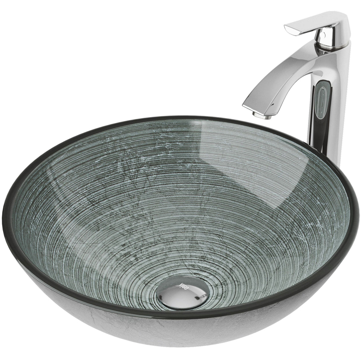 Glass Simply Silver Bathroom Sink/Basin Set with Linus Faucet and Round Vessel X3R7 - product image 1