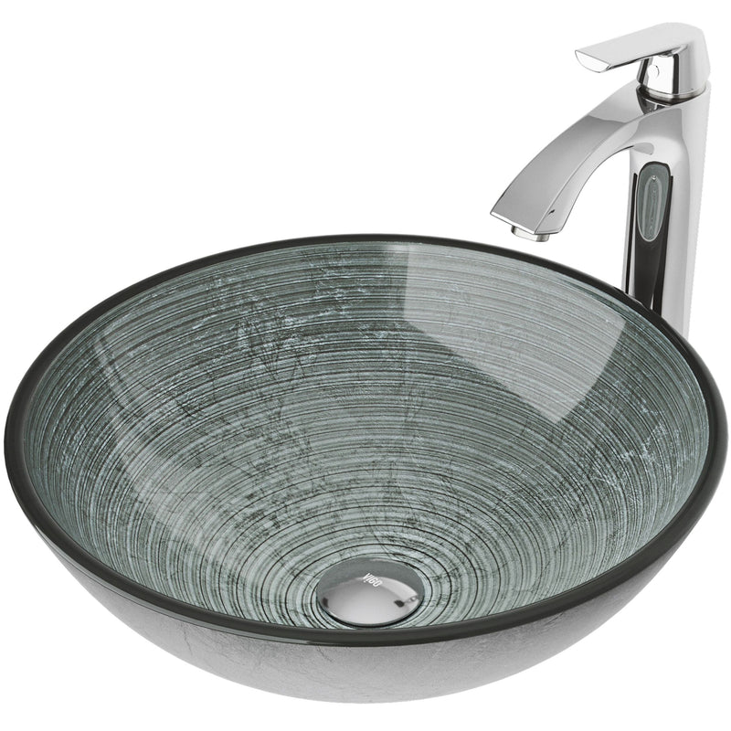 Glass Simply Silver Bathroom Sink/Basin Set with Linus Faucet and Round Vessel X3R7