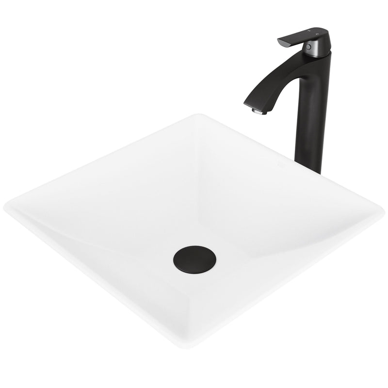 Hibiscus MatteStone White Bathroom Sink/Basin Set with Linus Faucet and Square Composite Vessel K6F4