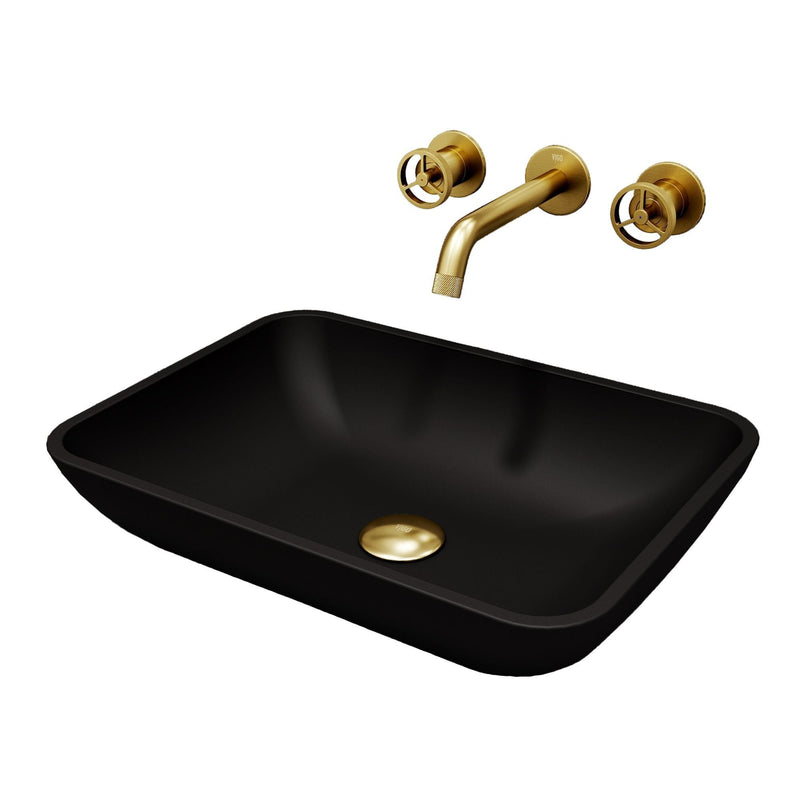 Sottile MatteShell Matte Black Bathroom Sink/Basin Set with Cass Wall Mount Faucet and Glass Rectangular Vessel E1N8