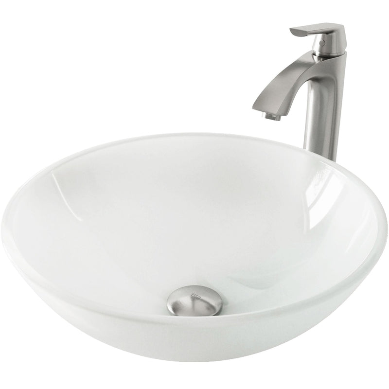 White Frost White Bathroom Sink/Basin Set with Linus Faucet and Round Glass Vessel C7J3